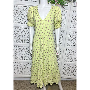 Faithfull The Brand Women's Floral Neon Green Midi Cottagecore Dress Size 6
